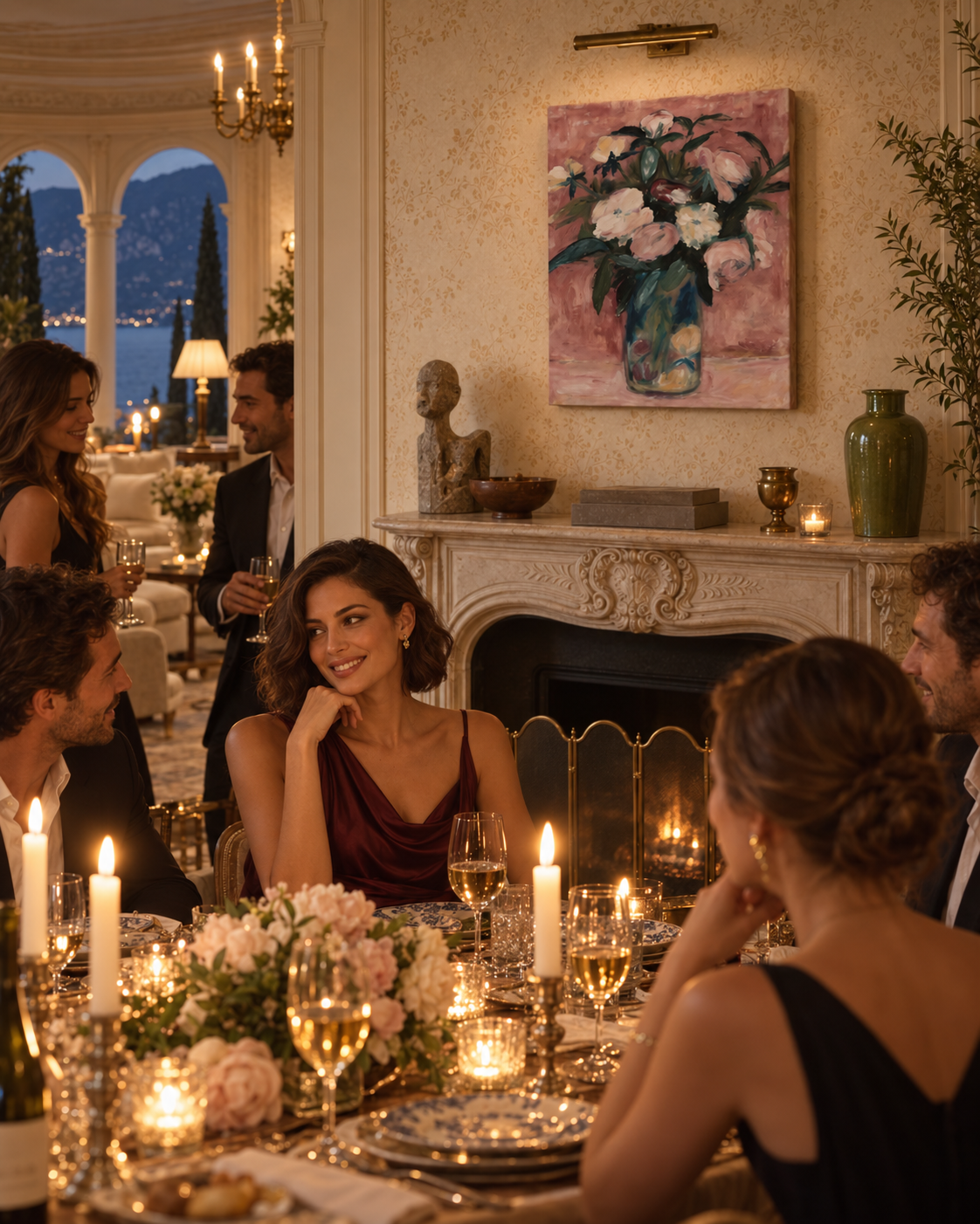 Blush Bouquet I above a candlelit dinner with guests